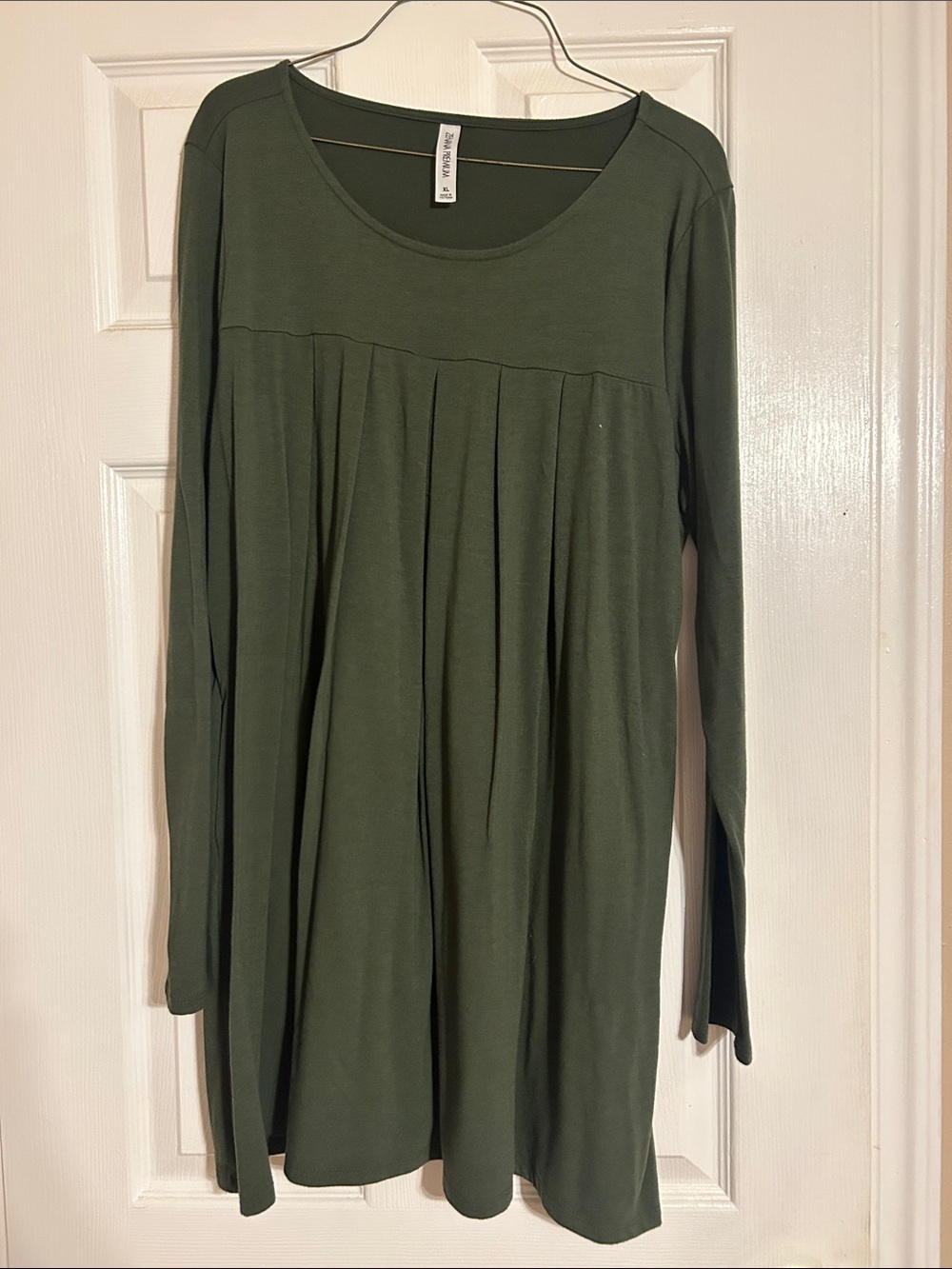 Pleated Long Sleeve Tunic Top - Olive Green